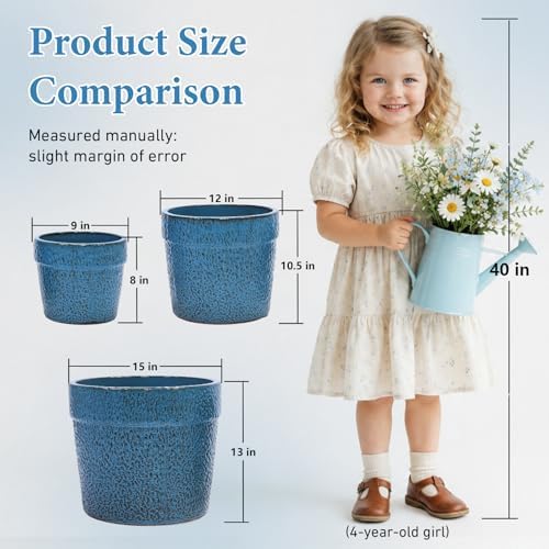 Ceramic Planters Set, 15/12/9 in Large Flower Pots, Antique Blue-B - Image 3