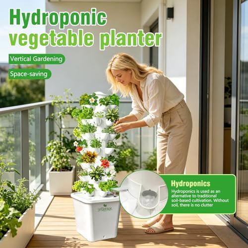 35plants Hydroponics Tower Indoor Growing System Vertical Garden Planter Indoor Smart Garden Kit with Pump and Movable Water Tank Vegetable Plant Gift for Gardening Lover (White) - Image 2