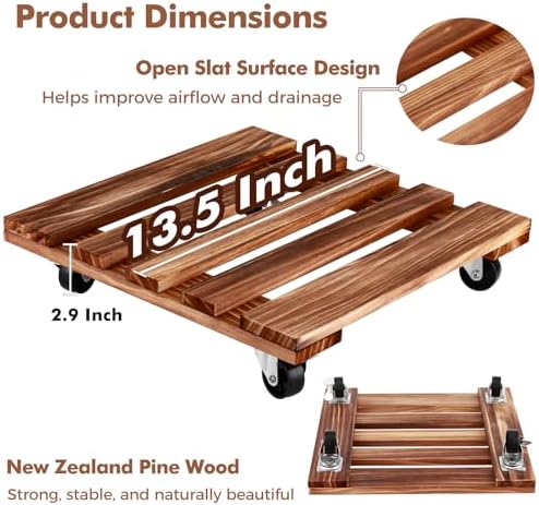 13.5 Inch Plant Caddy with Wheels, 4 Pack Rolling Plant Stand Rollers with Casters Wooden Plant Dolly with Wheels Heavy Duty Rolling Planter Base for Indoor & Outdoor Plants Square Wood Flower Stand - Image 4