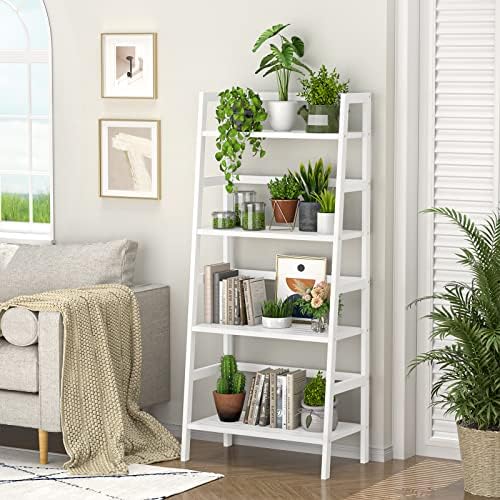 Homykic Bamboo Ladder Shelf and Bamboo Laundry Hamper Bundle, White - Image 2