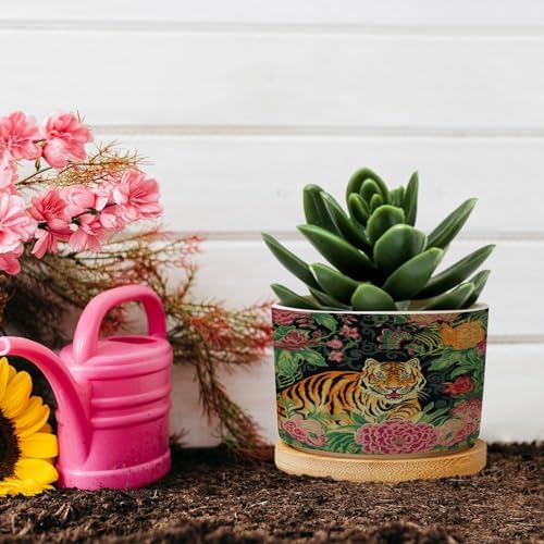 Chinoiserie Tiger Planter Ceramic Green and Turquoise Tiger Stripe Round Plant Pot with Drainage Holes and Bamboo Tray Pot for Home Office Desk Garden - Image 5