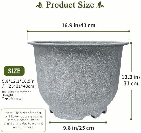 17 Inch Wide Mouth Planter Urns, Set of 3, Granite Grey, Premium Plastic - Image 3