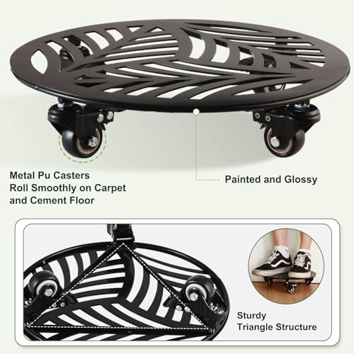 3 Packs 13 Inch Large Metal Plant Caddy with Wheels Heavy-Duty Iron Rolling Plant Stands with Casters Indoor Outdoor Planter Dolly Coaster Flower Pot Roller Base Movers Black, Strong Load Capacity - Image 5