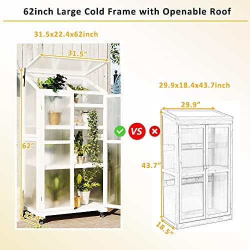 Knocbel 62" Height Portable Wooden Cold Frame Greenhouse with Wheels, Openable Roof and Adjustable Shelves, Flower Plants Shelf for Balcony Outdoor Indoor Backyard (White) - Image 6
