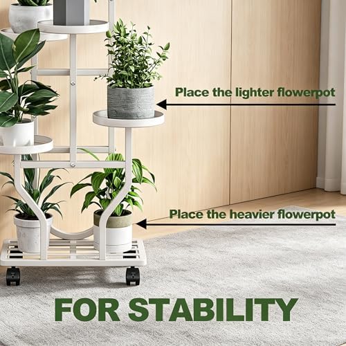 Plant Stand with Wheels, White 6 Tier Metal Plant Shelf for Indoor Outdoor - Image 4