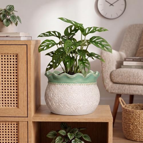 10 Inch Planter, Ceramic Indoor Plant Pots, White-Green - Image 3
