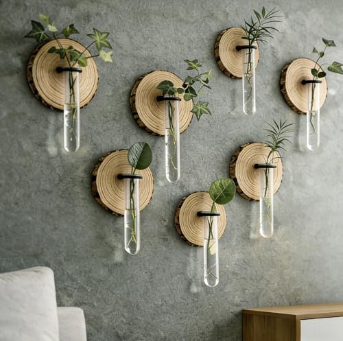 Wall Mounted Test Tube Vase with Natural Wood Slice Base, Hanging Propagation Station for Plants, Rustic Boho Home Decor (6pc Multicolor) by Unknown