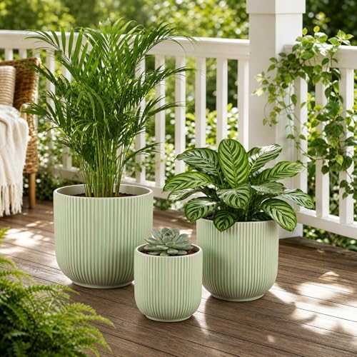 Set of 3 Ceramic Flower Pots, 6+7+9 Inch Plant Pot with Drainage Holes, Garden Flower Pot Succulent Herbs Succulent Orchid Pot Indoor Outdoor Home Garden Decor, Green - Image 6