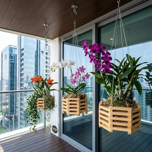 6", 8" & 10" Wooden Orchid Baskets with Hangers for Ferns & Vandas, 3 Pack - Image 5