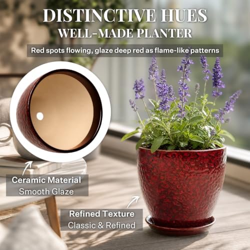 10 Inch Ceramic Planter with Drainage Hole Saucer(Red) - Image 3