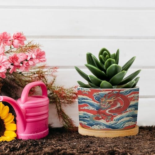 Dragon Chinoiserie Planters Ceramic Asian Inspired Round Flower Pots with Drainage Holes and Bamboo Tray Pot for Home Desktop Office Windowsill - Image 5