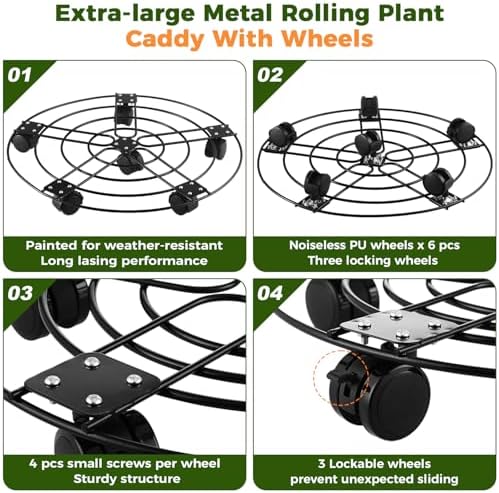 2 Packs 17.5" Extra-large Metal Plant Caddy with 6 Wheels Iron Rolling Plant Stands Heavy-duty Plant Roller Base Pot Movers Indoor Outdoor Wheeled Plant Dolly with Casters Planter Coaster Trolley - Image 2