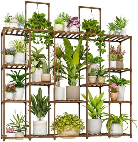 Bamworld Large Plant Shelf Plant Stand Indoor 62.2" Tall Outdoor Plant Holder Wood for Multiple Plants Hanging Plant Rack for Living Room Garden Balcony by Bamworld