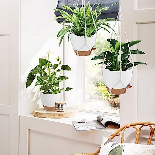 Vanslogreen Hanging Planters for Indoor Outdoor Plants, 12 Inch Self Watering Hanging Pot with Drainage Holes & Removable Tray, Macrame Plant Hanger for Boho Home Decor (Ivory+White)(Ivory+White) - Image 6