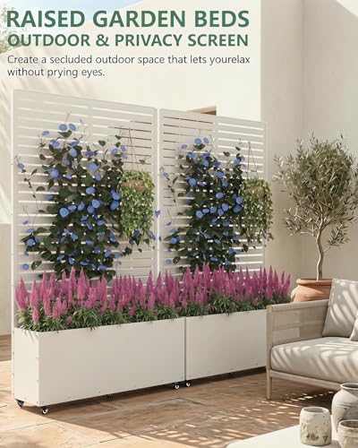 Metal Planter Box with Trellis,70.9"x47.2"x15.7" Raised Garden Bed with Drainage Holes, Privacy Planters for Outdoor Garden Bed for Climbing Plants,Vegetables,and Vines, White-louvered - Image 3