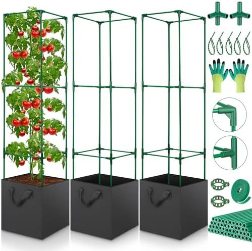 3 Pack Tomato Cages for Garden, Square Tomato Trellis with Grow Bags, 49 IN Tall Heavy Duty Tomato Plant Stakes Support Cages Trellis for Raised Beds Pots Garden Climbing Vegetables Flowers Fruits by LifeisLuck