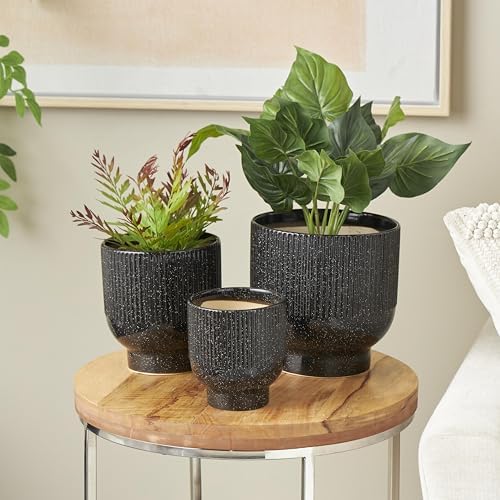 Deco 79 Ceramic Indoor Outdoor Planter Speckled Small Planter Pot with Linear Grooves and Tapered Bases, Set of 3 Planters 9", 8", 6"H, Black - Image 5