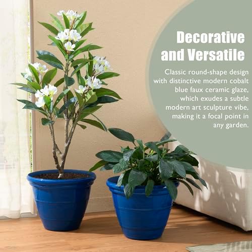 Glitzhome 15.5" D Large Flower Pots, Set of 2 Large Planters for Outdoor Plants with Drainage Holes, Cobalt Blue Faux Ceramic Finish, Plastic Tall Flower Pots for Garden, Patio, Porch or Indoor Use - Image 3