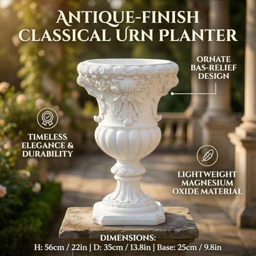 22" Planters for Outdoor Plants- Vintage Roman Relief Magnesium Oxide Outdoor Flower Pots, Decorative Large Urn Planter, Lightweight Garden Vase for Patio, Yard, Porch, Home Decor - Image 2
