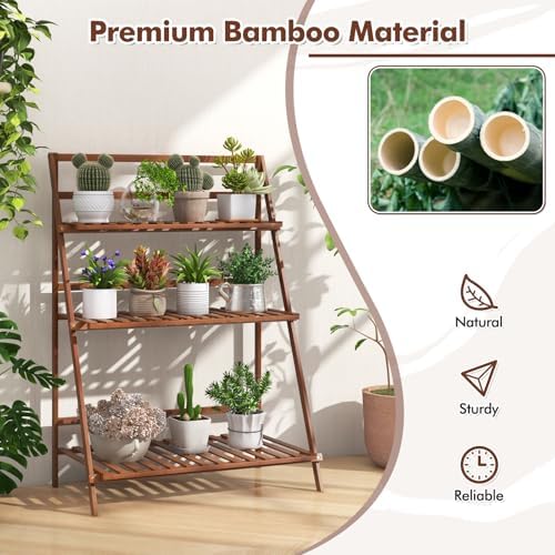 DREAMADE 3-Tier Bamboo Plant Stand, Ladder Plant Shelf - Image 4