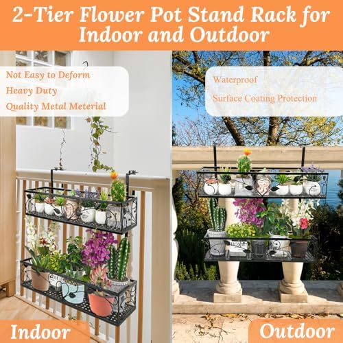2-Tier Flower Pot Stand Rack, Balcony Railing Planters, Metal Hanging Plant Holder, Adjustable Plants Rack Bucket for Outdoor Patio Porch Fence (Black) - Image 5