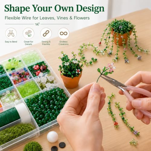 LWPFSD Beaded Plant Kit with 2 Mini Pots & Fridge Magnets, DIY Bead Plant Making Kit with Plant Beads, Craft Wire, Foam Balls, Moss & Pliers, Forever Beaded Plant Craft Gift for Adults - Image 4