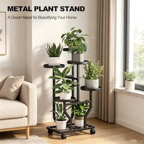Plant Stand with Wheels, Black 5 Tier Metal Plant Shelf for Indoor Outdoor - Image 6