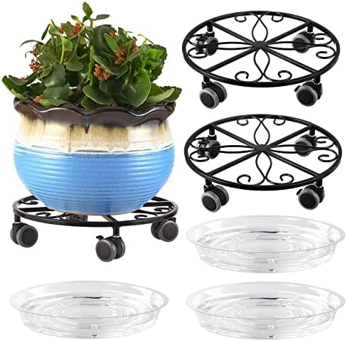 Planterhoma 3 Pack Plant Caddy with Wheels & Saucers, 11.8" Heavy Duty Metal Rolling Plant Stand, Plant Dolly with Lockable Casters, Rustproof Iron Planter Mover for Indoor Outdoor, Black by Planterhoma