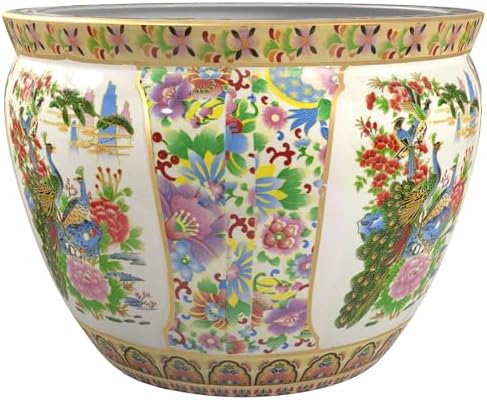 Red Lantern Large 20" Satsuma Birds & Flowers Porcelain Fishbowl Planter - Image 6