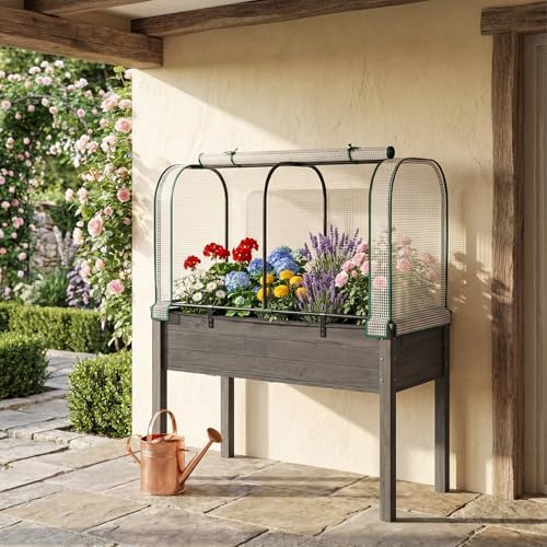 GIANTEX Raised Garden Bed with Cover, Wood Elevated Planter Box with Legs & Mini Greenhouse, Waterproof Sun-Protective PE Green House Cover, Outdoor Use for Fruit Vegetable Flower Herb (White+Gray) - Image 2