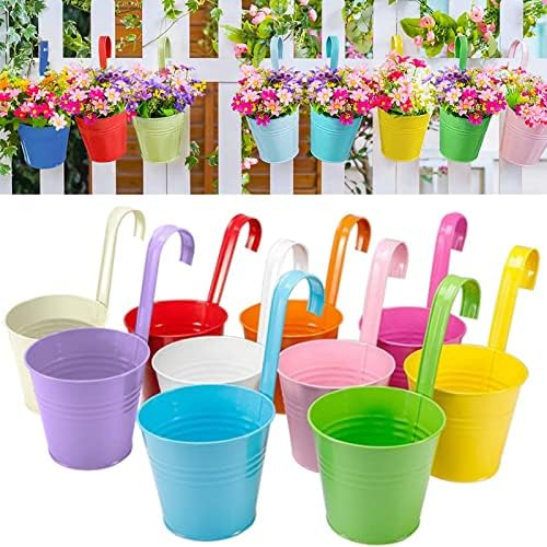 Railing Planters with Drainage Holes, 10 Pack 6.3" x 4.7" x 5.3" Iron Hanging Flower Pots with Removable Hooks for Balcony Fence Garden Suitable Indoor Outdoor, Plant Hanger, 10 Colors by XRR