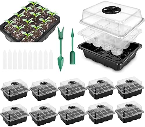 Seed Starter Trays, Reusable Seed Starter Tray 12 Holes,with Air Vent Humidity Dome and Drain Hole Base for Seedling, Seed Growing and Seed Starting,7.3 x 5.7 x 4.3 inches (10 PCS-Black) by Unknown