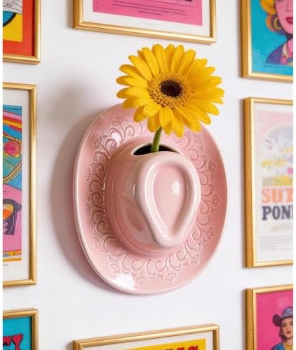 Ceramic Cowboy Hat Wall Vase - Handmade Hanging Flower Planter, Western Boho Room Decor & Coastal Cowgirl Aesthetic Wall Art for Home Decorations (Pink) - Image 4