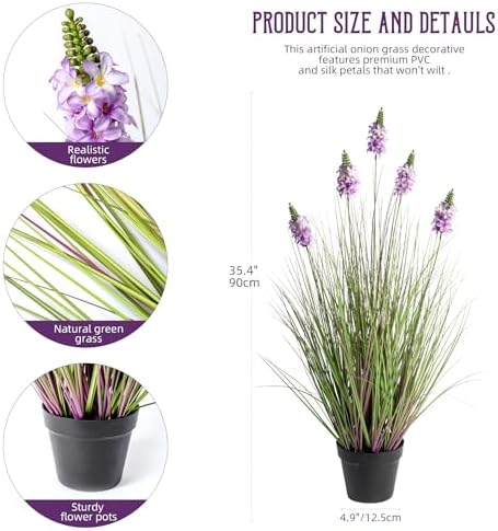 Artificial Plants Indoor Tall Grass Plants with Lilac Flower 35.4In Tall Artificial Ornamental Grass Green Onions Outdoor Fake Plants with Black Pot Home Office Decorative (1 Pack,Purple) - Image 2