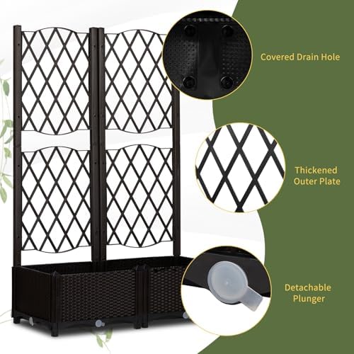 Raised Garden Bed with Trellis, Outdoor Free-Standing Trellis Planter Box with Drainage Holes, Privacy Planter for Patio, Above Ground Elevated Garden Bed for Outdoor Climbing Plants Vines (Brown) - Image 6