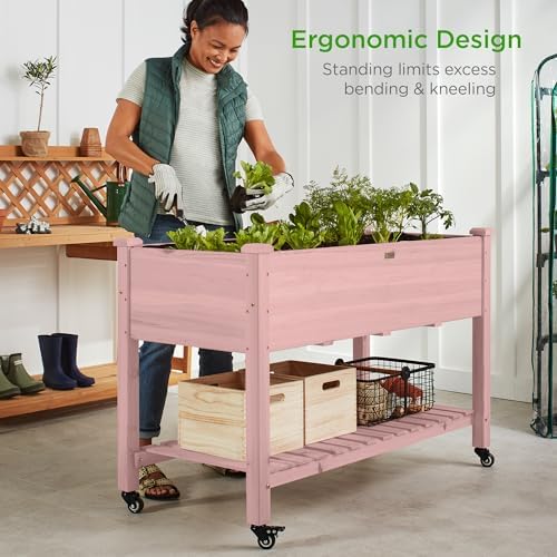 Best Choice Products Raised Garden Bed 48x24x32-inch Mobile Elevated Wood Planter w/Lockable Wheels, Storage Shelf, Protective Liner - Pink - Image 2