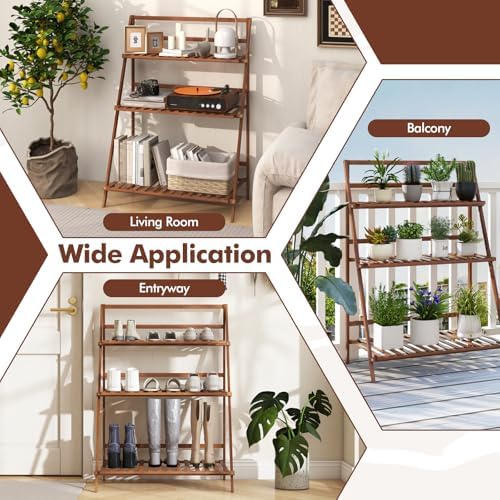 Casart Foldable Bamboo Ladder Shelf, Multifunctional Storage Rack, Plant and Flower Display Stand for Home and Office - Image 7