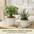 7.5 Inch Ceramic Planter Pot with Saucer Drainage Leak-Proof Mesh,Flower Pots for Indoor Plants with Gardening Gloves,Ceramic Planter(Linen White) - Image 2