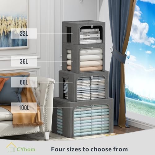 CYhom 3Pack Foldable Storage Bins - Frame Storage Box Linen Fabric Stackable Clothes Container Organizer with Clear Window & Carry Handles Large Capacity (Small-22L, Dark Gray) - Image 6