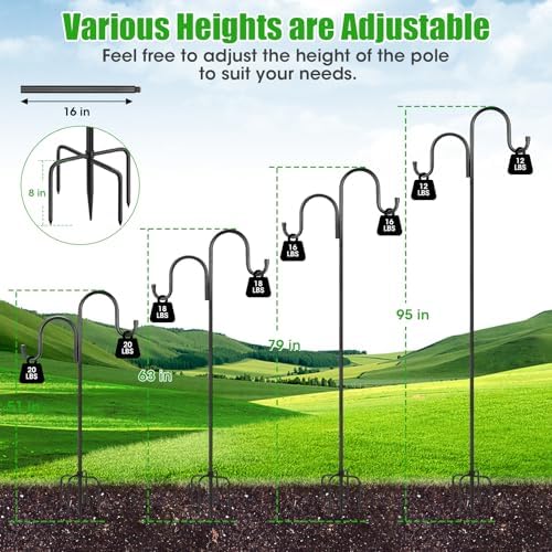95 Inch Double Shepherds Hooks for Outdoor, Heavy Duty Bird Feeder Pole with 5 Prong Base for Hanging Lantern, Hummingbird Feeder, Lightweight Plant, Shepherd Hook for Bird Feeder for Outside, 2 Packs - Image 5