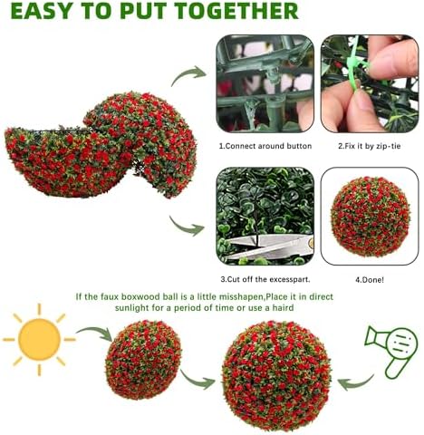 17.7 Inch Artificial Hanging Topiary Balls Set of 2, Faux Flower Balls for Garden Patio Wedding Valentine's Day Decor, Outdoor Indoor Hanging Decorations for Porch Front Door Party,Red - Image 4