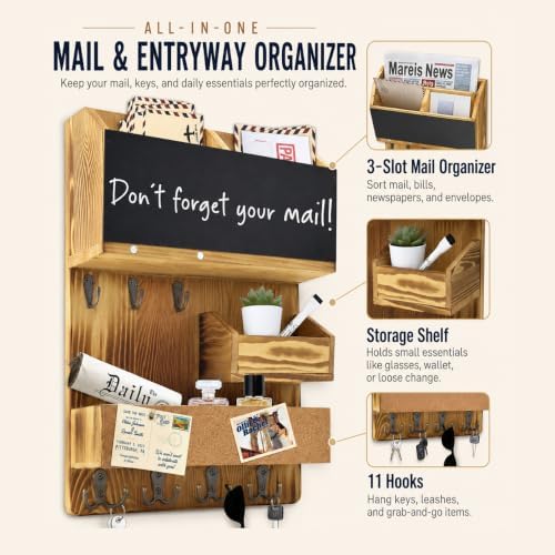 Mail Organizer Wall Mounted with Key Holder, Shelf, Light Wood - Image 5
