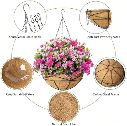 4 Pack 14 Inch Hanging Baskets for Plants Outdoor Large Flower Planters with Coco Liner for Outside Planting Watering Plant Pot Holder for Home Garden Porch Balcony Railings Decor - Image 3