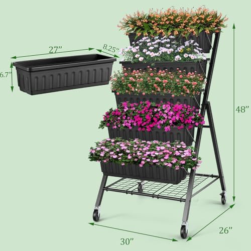 TEANDE Vertical Raised Garden Bed with Wheels & Shelves, 5-Tier Elevated Planter Box w/Drainage System & 4 Hooks for Herbs Vegetables Flowers, Vertical Garden Planter for Patio Yard Indoor Outdoor - Image 4