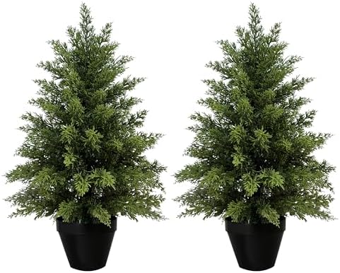 Mavis's Diary 2ft Artificial Cedar Topiary Tree, Set of 2 Realistic Faux Evergreen Shrub Plant in Planter, Indoor Outdoor Fake Cedar Tree for Front Porch, Entryway, Office & Home Decor by MavissDiary