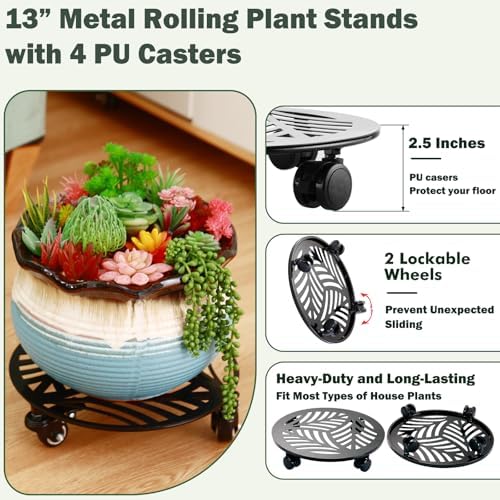 3 Packs 13 inches Large Metal Plant Caddy with PU Wheels Heav-Duty Rolling Plant Stands Indoor Outdoor Wheeled Plant Dolly Coasters Flower Pot Mover Rollers Plant Trolley Cart, Plant Saucers Included - Image 2