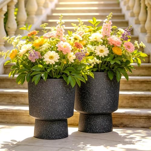 Autodaya 16.8" Urn-Style Planters Set of 2, Black Terrazzo Pedestal - Image 3