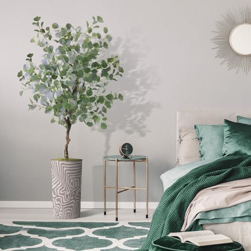 Artificial Tree in Geometric Pattern Planter, Fake Eucalyptus Silk Tree for Indoor and Outdoor Home Decoration - 66" Overall Tall (Plant Pot Plus Tree) - Image 5
