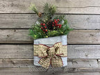 Lighted Christmas Wall Tin Pocket Galvanized Planter Bucket Pail Metal Farmhouse Rustic Evergreen Pinecone Arrangement LED Timer Lights Xmas Decor Hanging Decoration Holiday Wreath Style Bow Red Green - Image 5