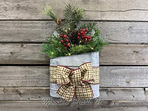 Lighted Christmas Wall Tin Pocket Galvanized Planter Bucket Pail Metal Farmhouse Rustic Evergreen Pinecone Arrangement LED Timer Lights Xmas Decor Hanging Decoration Holiday Wreath Style Bow Red Green - Image 5